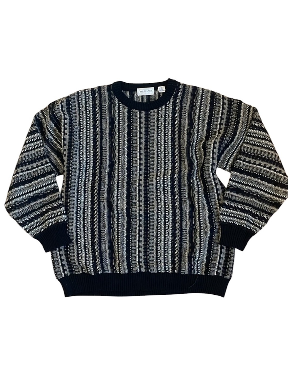 VTG 3D Knit Murano Knit Sweater XXL Black Wool Blend Crew Cosby Pullover Multi